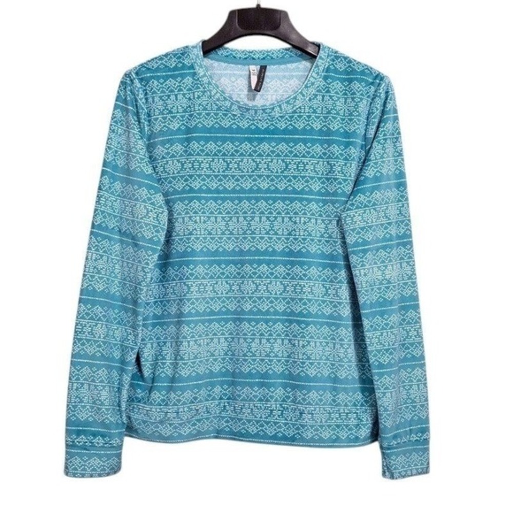 Jaclyn Intimates Women‎ Pajama Top M Blue White Long Sleeve Round Neck Fair Isle